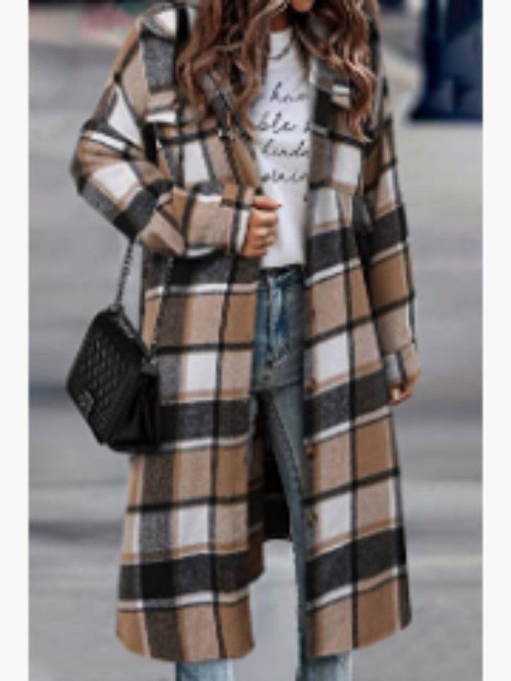 Polyester Plaid Shacket Jacket Long Corduroy Button Down Trench Coat - Picture 3 of 7